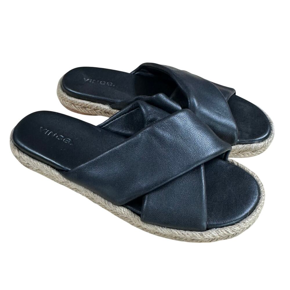 Vince Women's Selene Crossover Leather Espadrille Slide Sandals Black Sz 5M NEW